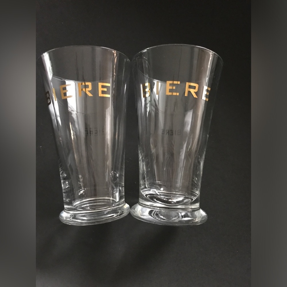Like New Set of Two West Elm Beer Pint Glasses with Gold Lettering